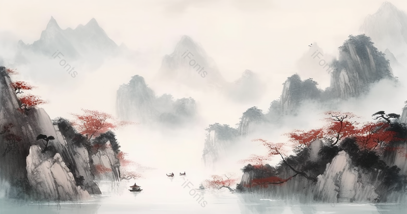 云雾朦胧的江面山峰中国风意境山水画背景插画,插画/手绘图,插画/手绘图库,插画/手绘图下载,插画/手绘